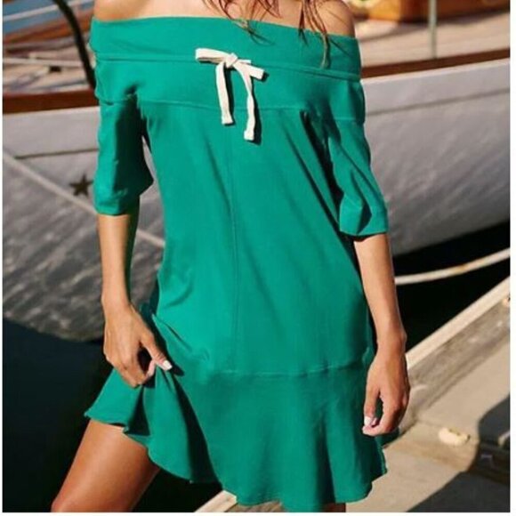Free People Beach Gemma Mini Off The Shoulder Boho Dress Cadmium Green Size XS - Picture 2 of 14